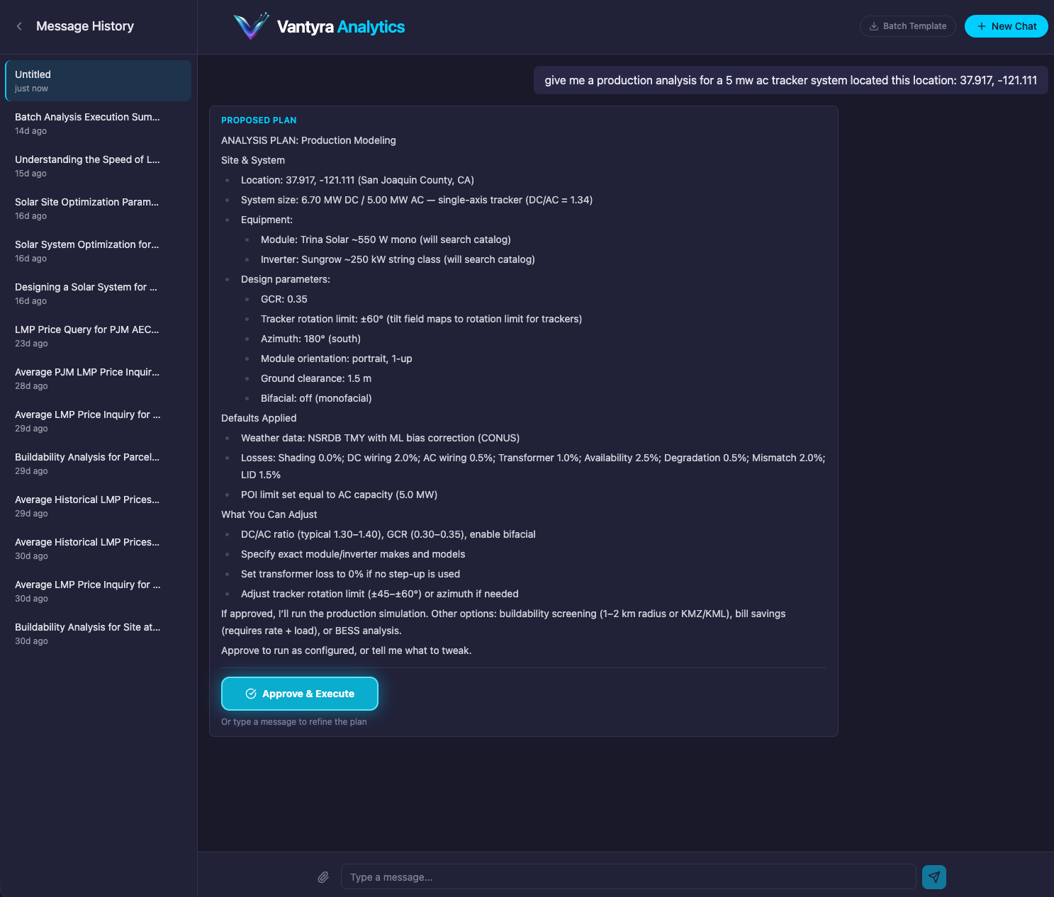 Vantyra platform showing a proposed analysis plan awaiting user approval